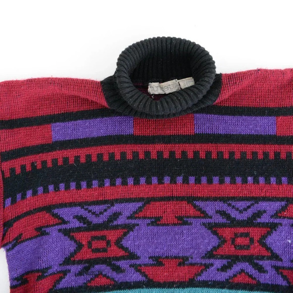 Vintage 90'S Vanderbilt Maroon Black Purple Aztec Turtleneck  Knit Sweater M - Picture 10 of 13